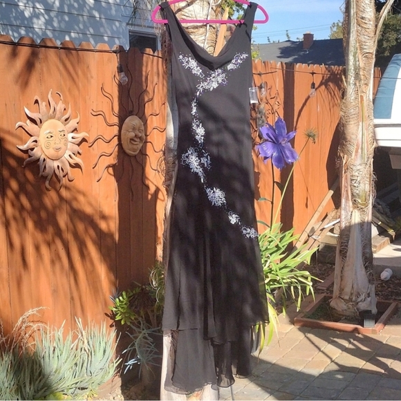 🖤 Y2K Black Beaded Sequin Rhinestone Silk/ Sheath/ Bias Cut Dress - Picture 14 of 16